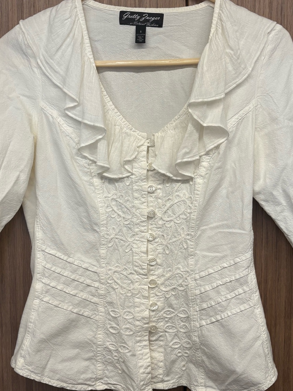 Cream Ruffle-Trim Button Front Blouse - Picture 3 of 8